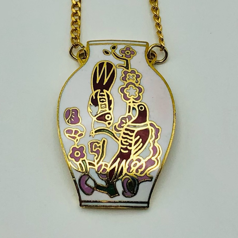 Cloisonné Bird and Flowers Necklace Vintage